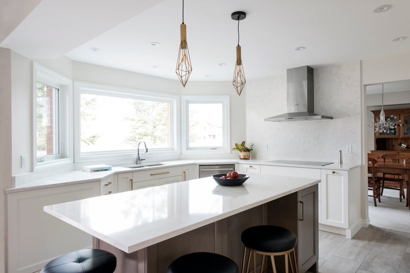 A custom kitchen featuring a polished countertop finish.