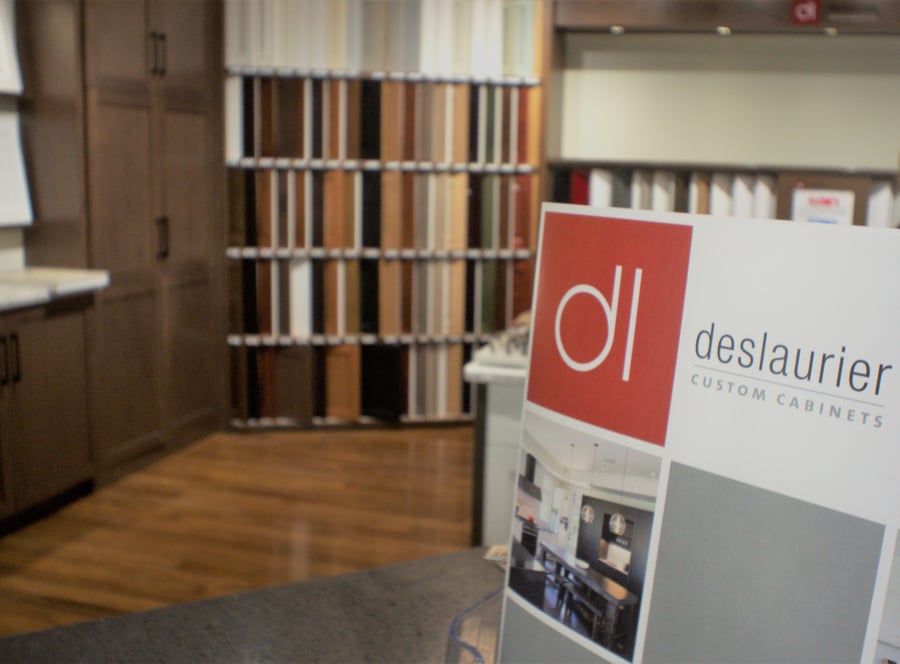 A wall of cabinet door style samples at the Deslaurier showroom