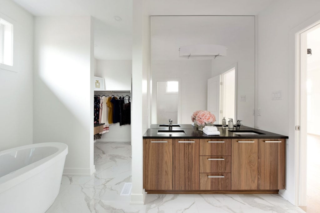 A freestanding custom bathroom vanity.