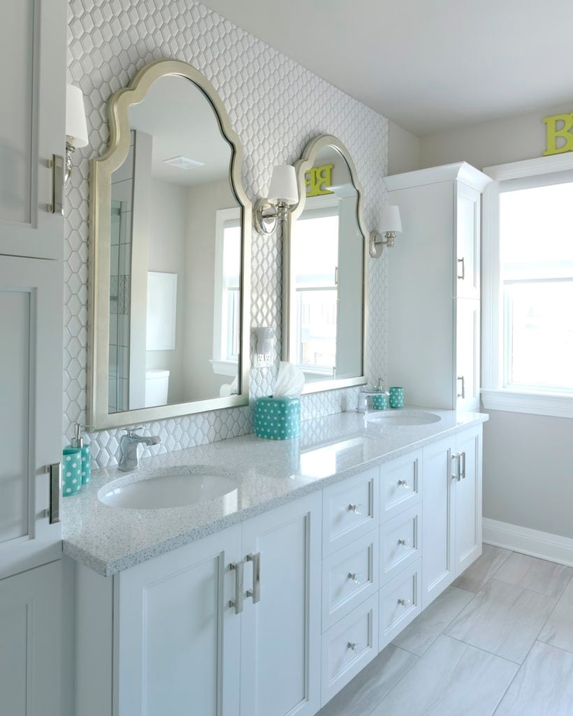 A bathroom vanity with premium hardware selections.