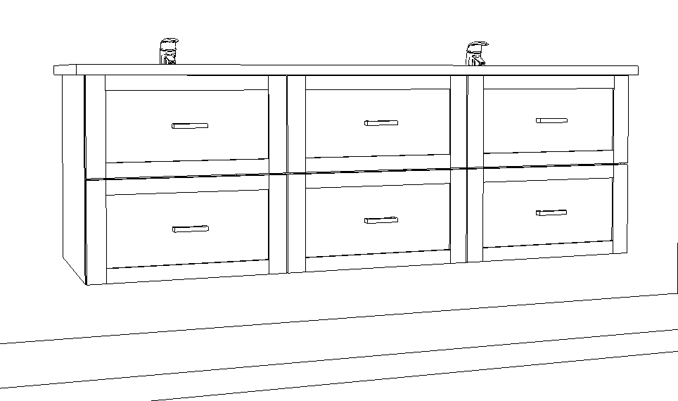 An engineered drawing of a high-end double-sink vanity 