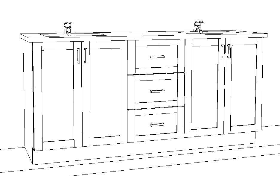 An engineered drawing of an entry-level double-sink vanity 