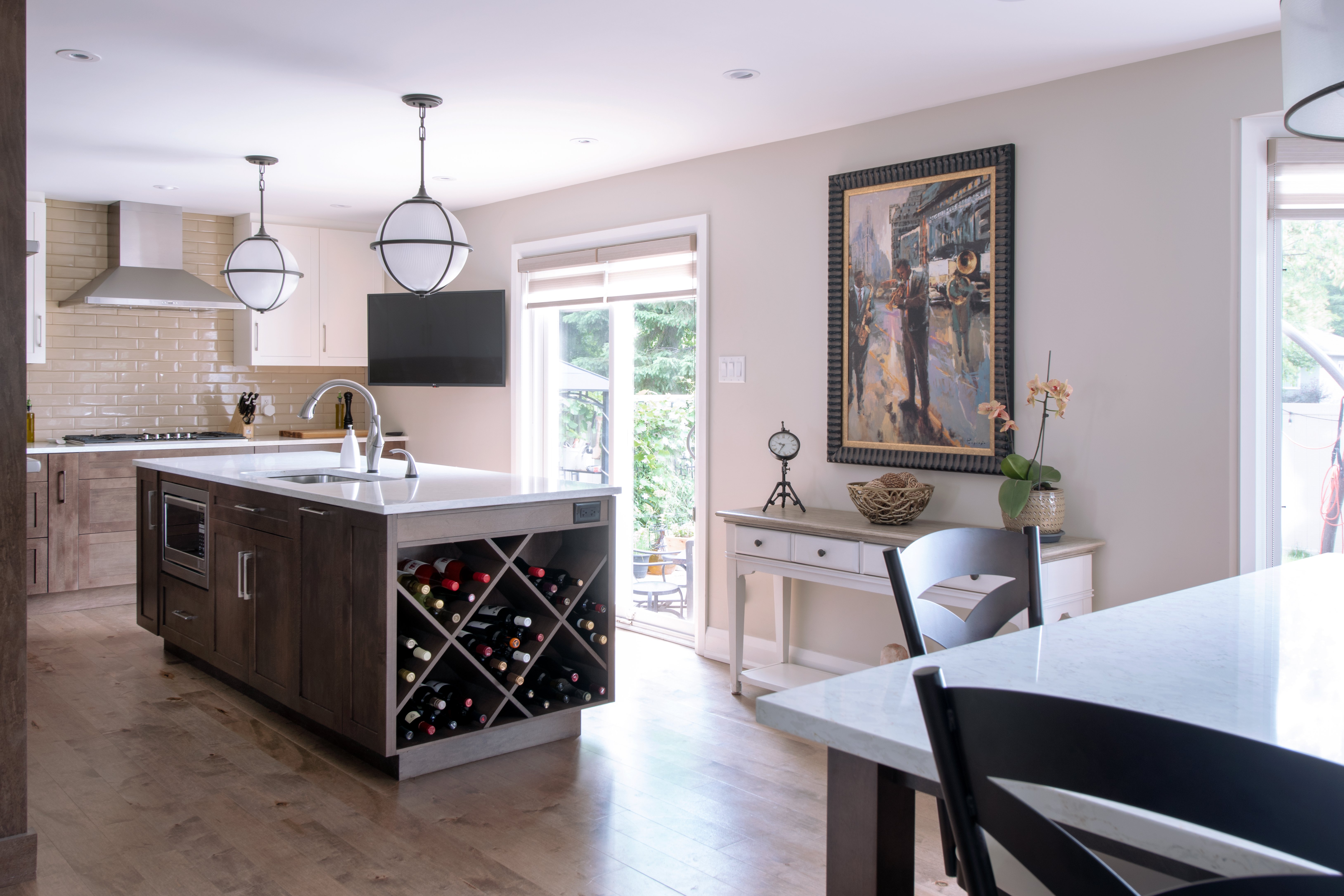 A kitchen island with a recessed toe kick.