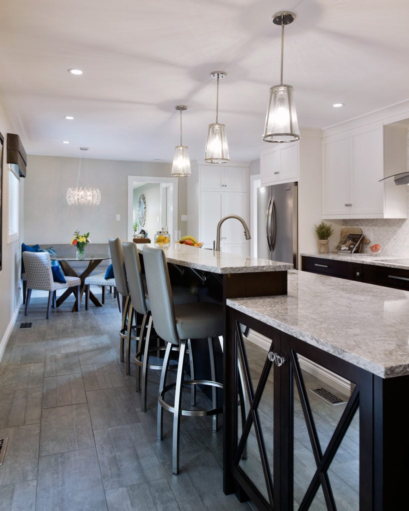 A two-tiered, bar-height island by Deslaurier