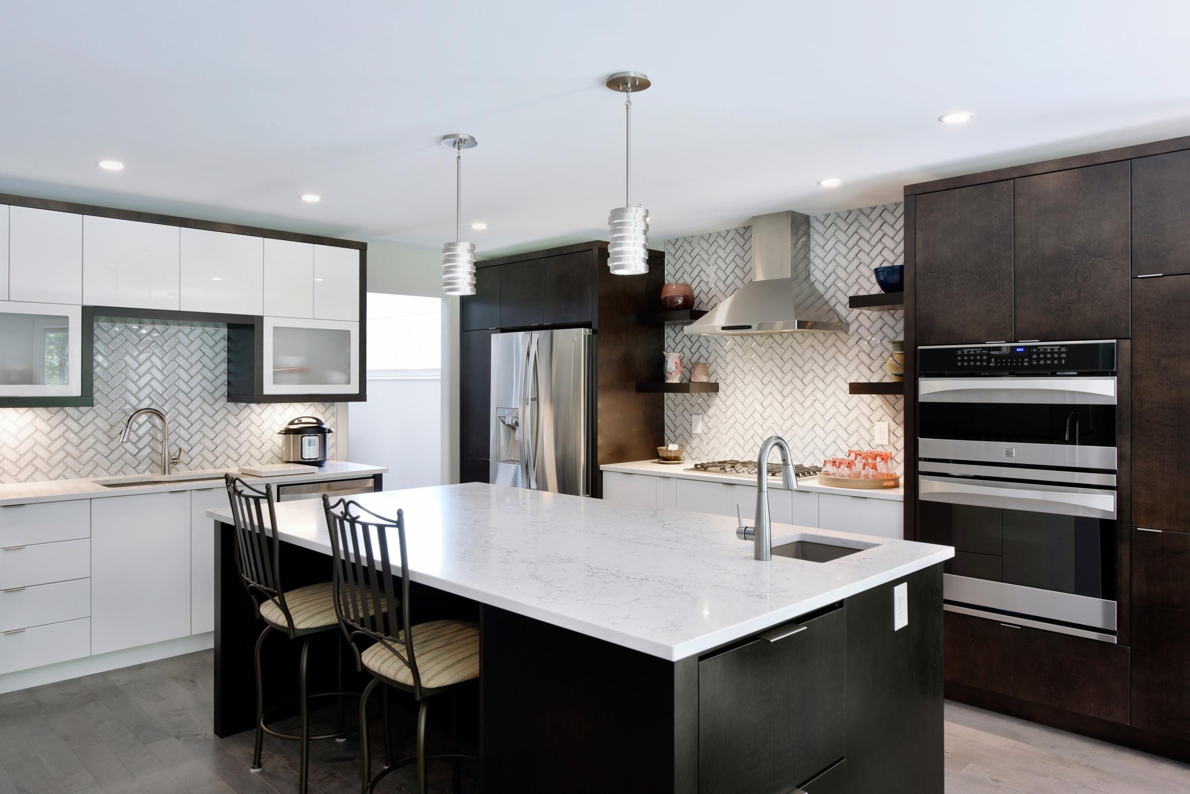 A modern kitchen, with unique decorative elements