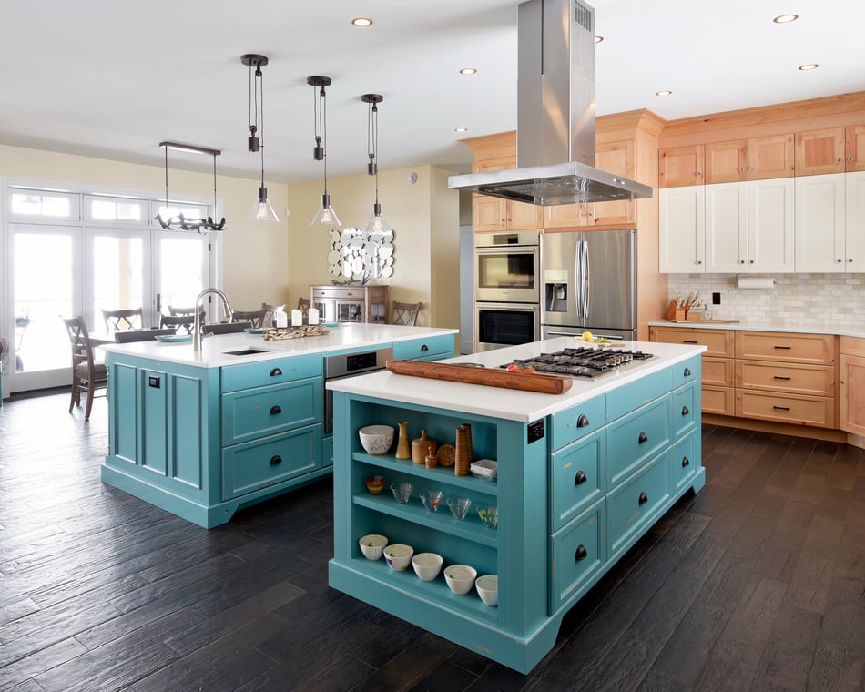 A colourful kitchen island