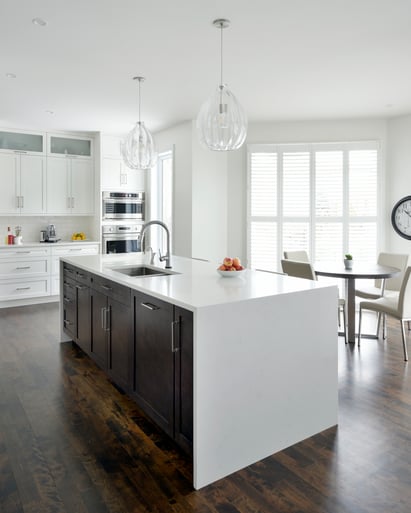 A sleek, shiny waterfall countertop on a kitchen island.