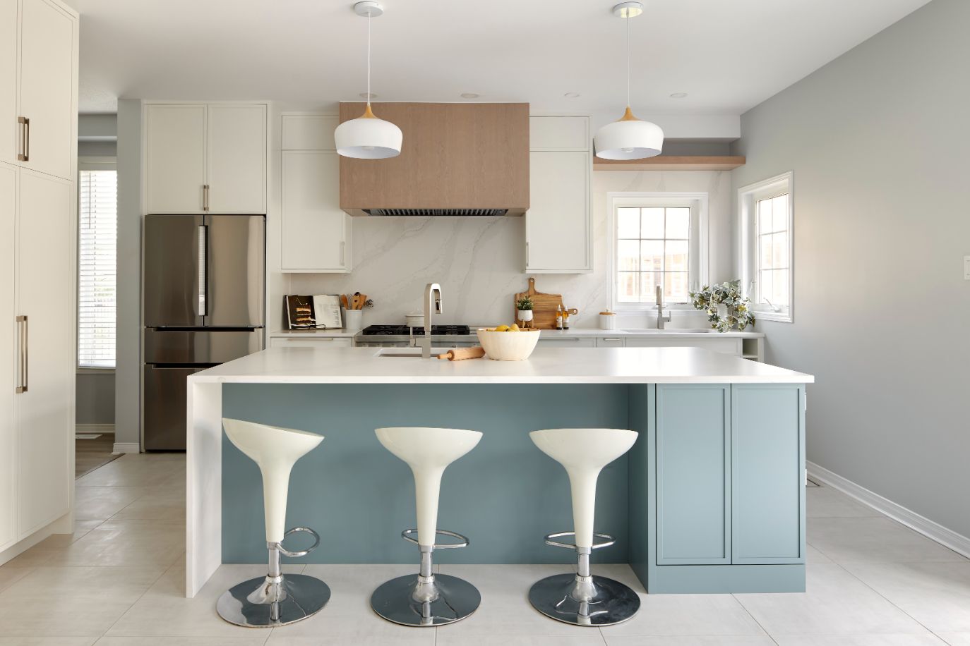 misty blue kitchen cabinets