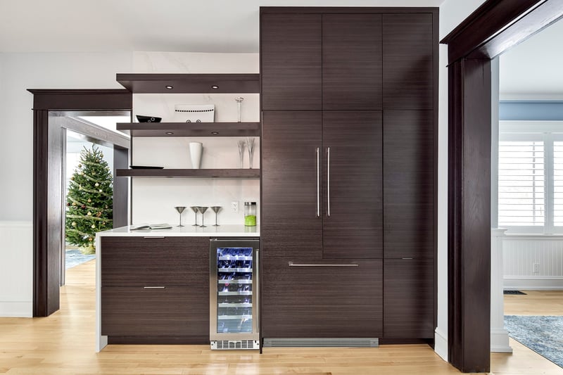 A kitchen featuring open shelving.