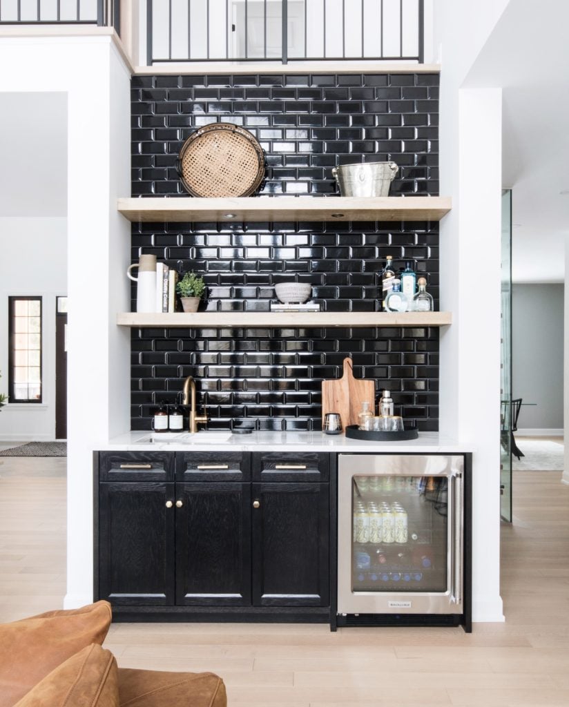 A customized wet bar with Deslaurier Custom Cabinets