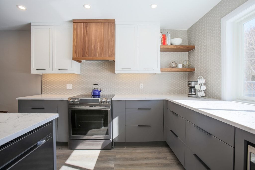 A custom natural wood range hood.