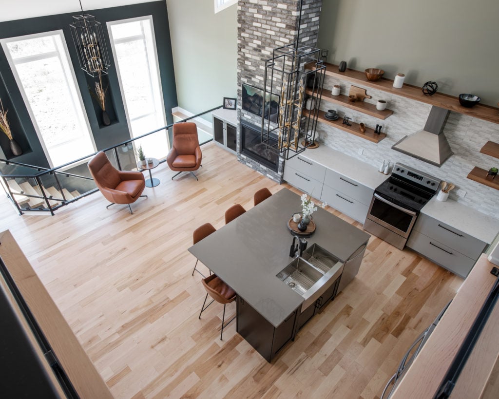 An aerial perspective of a Deslaurier kitchen layout.