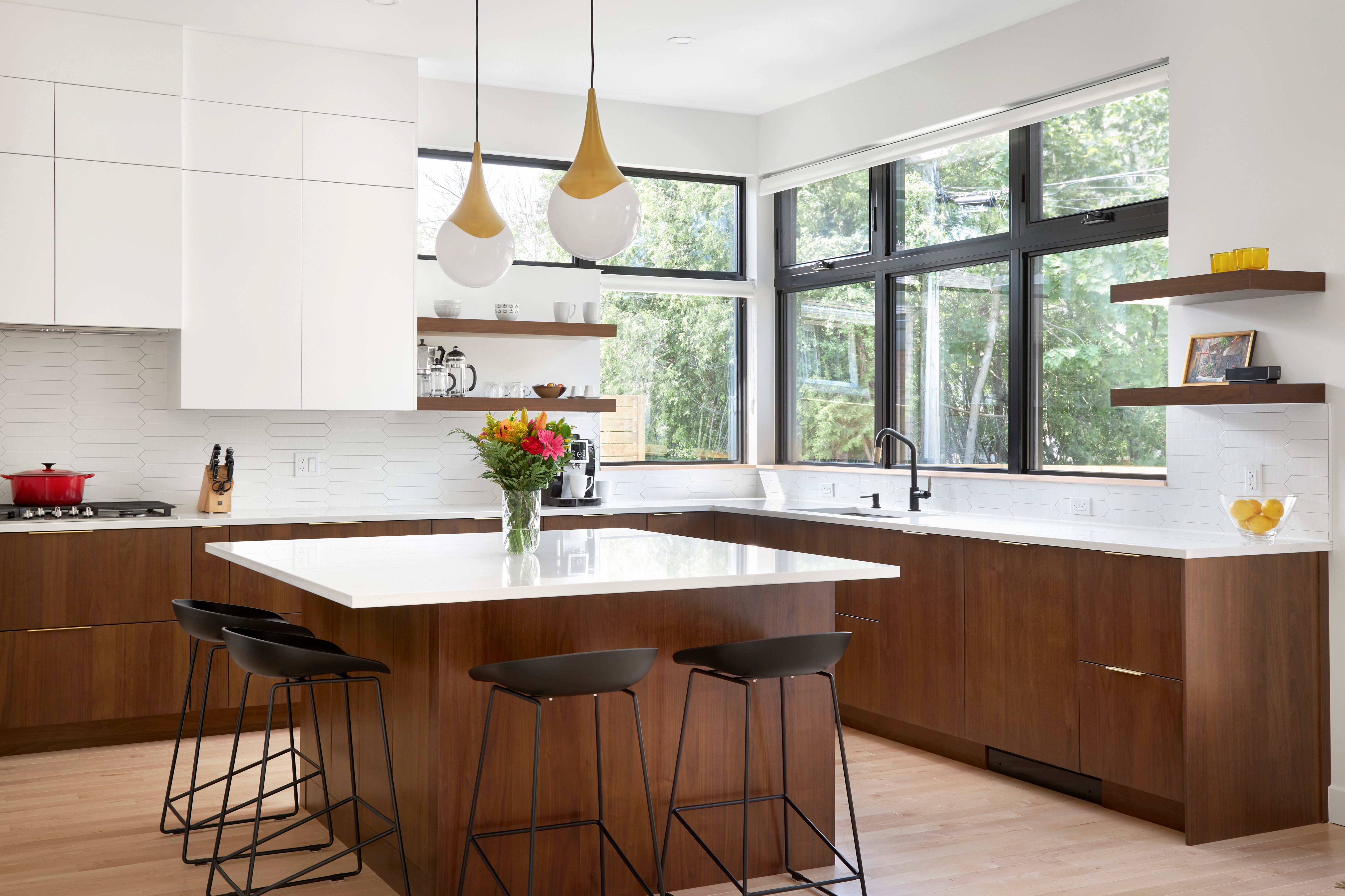 A kitchen with slab doors