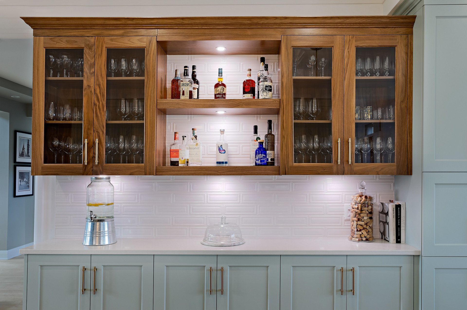 Glass cabinets used in a specialty custom wet bar