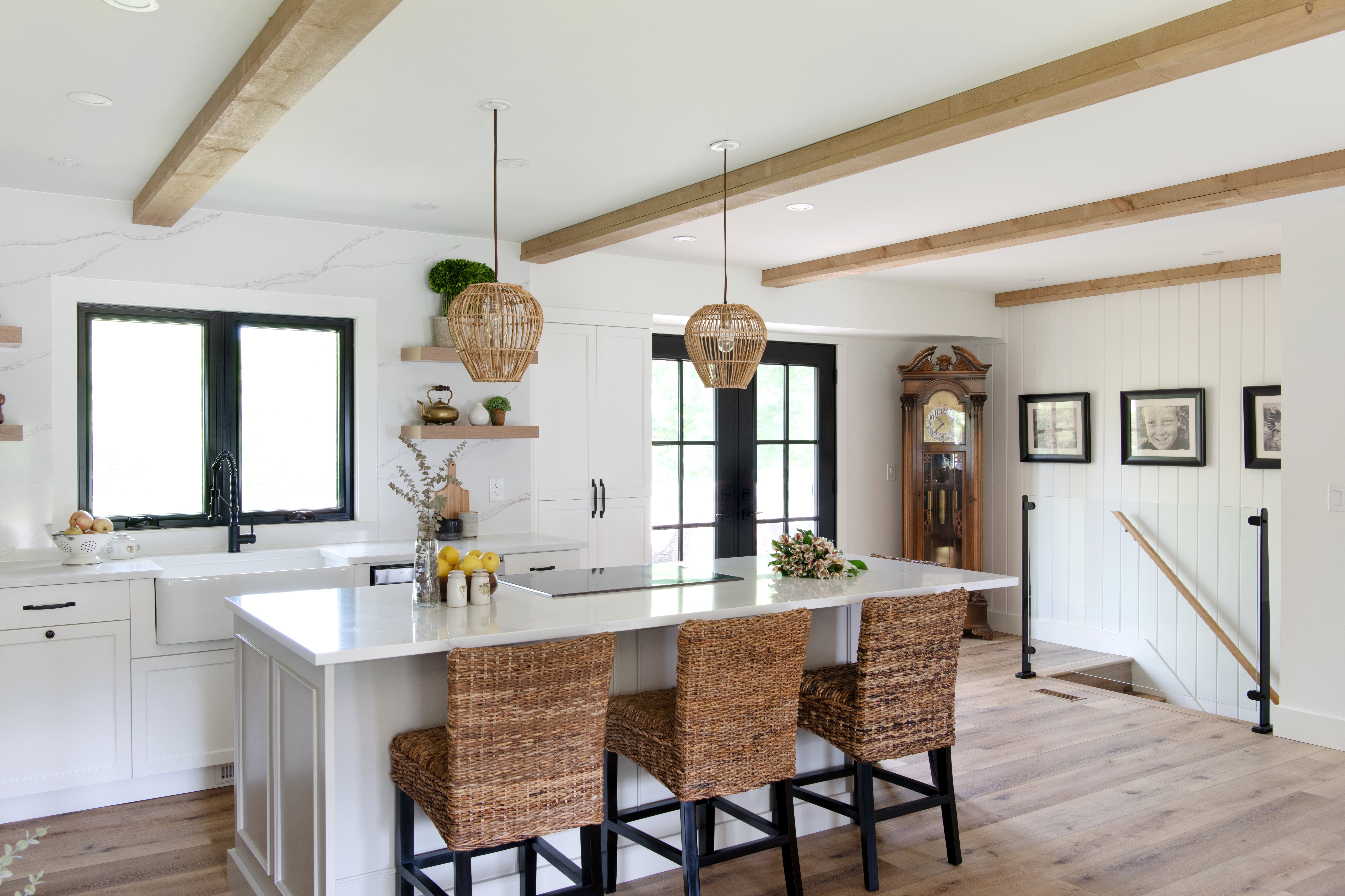A modern-farmhouse design with wood and burlap accents.