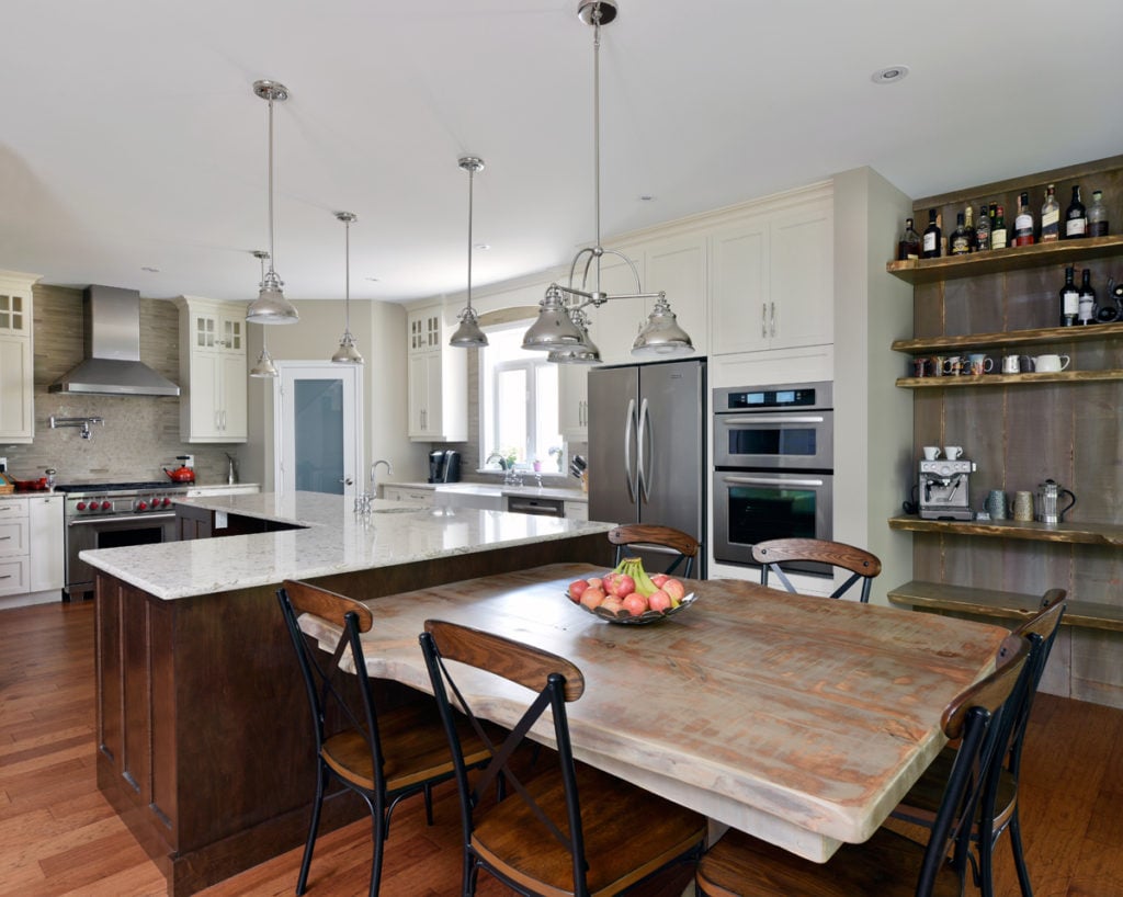 A rustic wooden built-in coffee nook in a kitchen design.