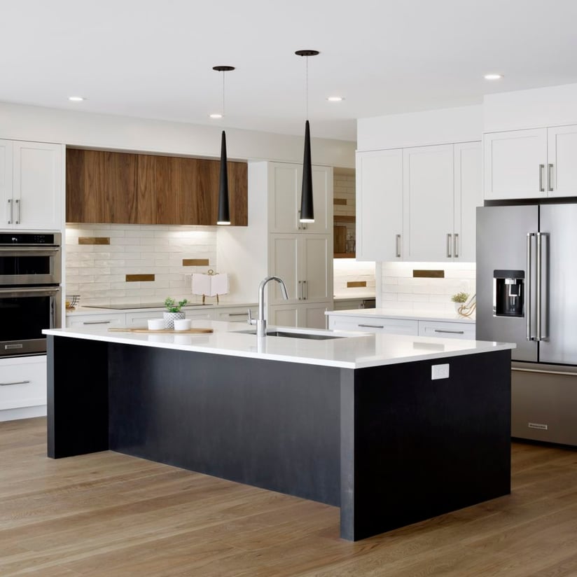 A kitchen island with columns