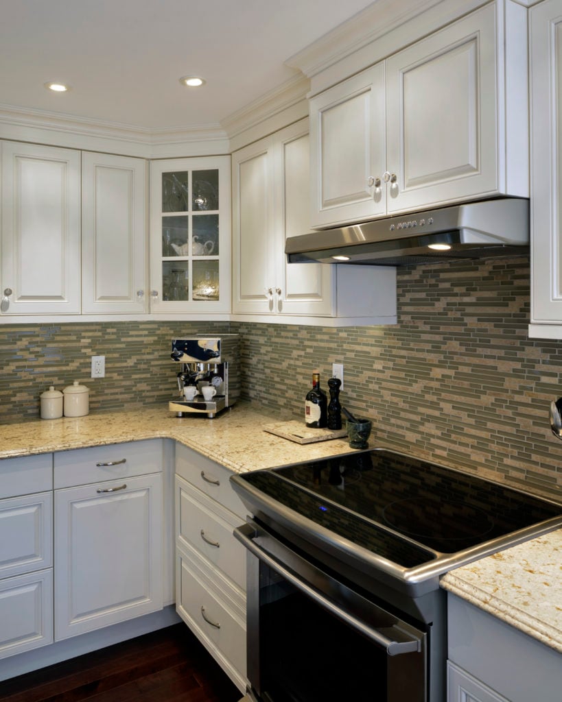 A close-up picture of cabinet hardware in a traditional kitchen