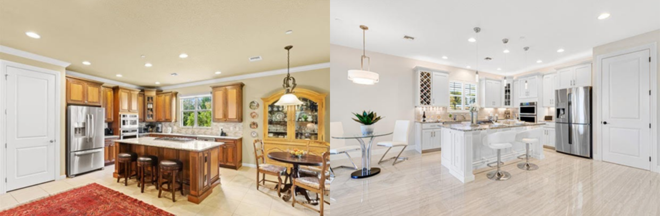 A tired, unrenovated kitchen beside a modern, renovated kitchen.