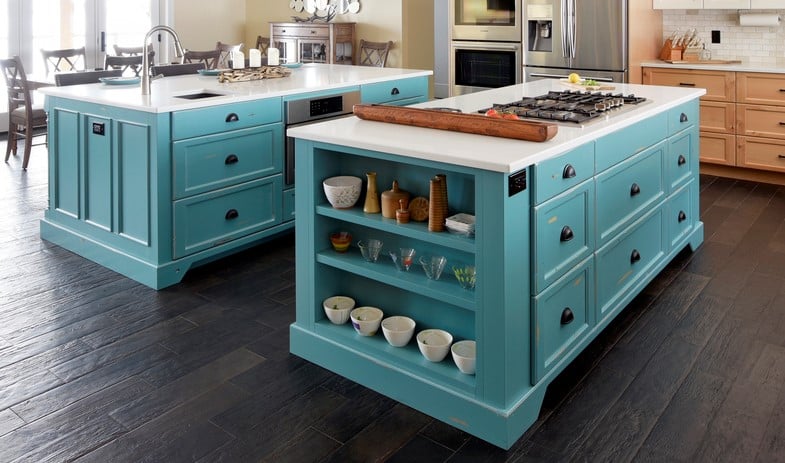 A distressed kitchen island in a custom colour